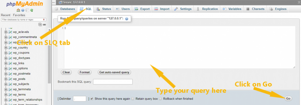 To run SQL Queries, type your query statement then click on Go to execute.