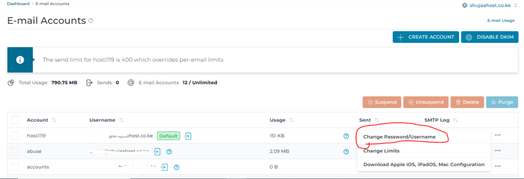 Reset email password in direct admin.